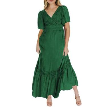 Imagem de Vestido Maxi Feminino De Renda Com Decote Em V Com Babado Manga Curta 