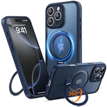Imagem de Jockvo Capa para iPhone 16 Pro com suporte magnético giratório de 360° de 15 cm [compatível com Magsafe] [proteção militar de 16 pés] Borda macia traseira fina translúcida com suporte, azul