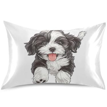 Imagem de Lindas fronhas de cetim preto branco Havanês Filhote de cachorro para cabelo padrão Queen King fronhas fofas impressão refrescante travesseiro escorregador quarto estética, tamanho king, 101,6 cm x