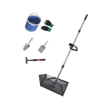 Imagem de Bothyi Ancinho de areia, cesta larga, peneira, não dobra, fácil limpeza, peneira, cabo telescópico, grande, premium, com múltiplas ferramentas pequenas, pá, Preto