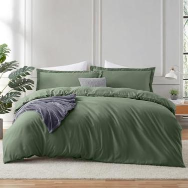 Imagem de Hearth & Harbor Capa de edredom verde-oliva com lençol Queen Size – Conjunto de cama macio escovado duplo de 4 peças, inclui 1 capa de edredom com fecho de botão, 1 lençol com elástico, 2 fronhas