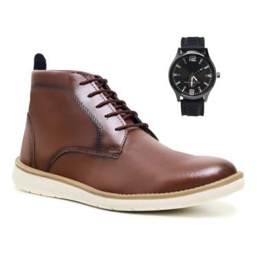 Imagem de Kit Bota Social Masculina em Couro Legítimo + Relógio de Pulso Clássico | Palmilha Espumada | Estilo Elegante para Trabalho Eventos e Casual (Avelã, BR, Adulto, Numérico, 43)