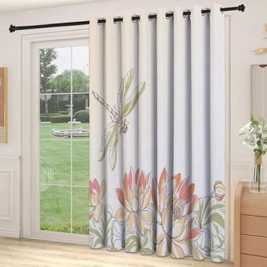 Imagem de Divisória de parede de cortina de sala de libélula, flor de lótus, estampa de inseto voando oriental, cortinas largas isoladas/cortinas de quarto (painel único), L 250 x C 274 cm creme pêssego coral
