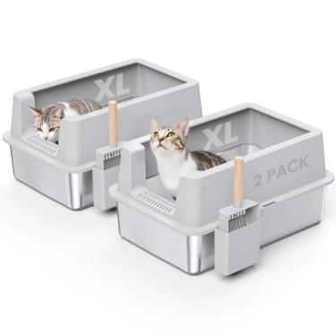 Imagem de Pacote com 2 caixas de areia de aço inoxidável para gatos – caixa de areia de metal XL fechada com tampa para gatos grandes, lado alto, antivazamento, fácil limpeza, não pegajosa, colher de areia