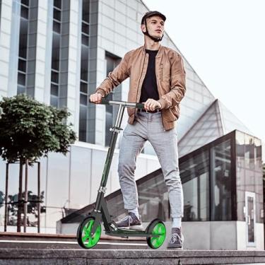Imagem de Patinete para adultos, adolescentes e crianças, scooters esportivas leves e dobráveis com freio de mão ajustável, rodas grandes, carga durável, 136 kg, preto e verde