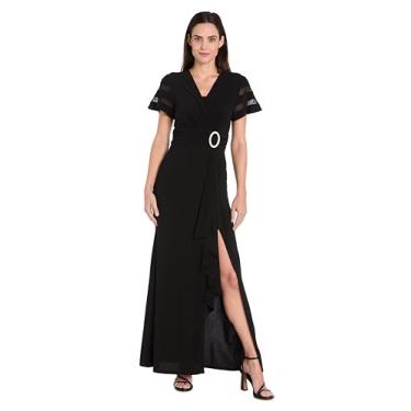 Imagem de R&M Richards Vestido longo em cascata com inserção transparente, fivela de strass e babados laterais, Preto, 50