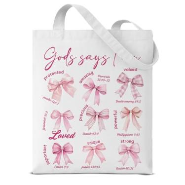 Imagem de Dumyum Christian God Says I Am Pink Bow Tote Bag Presentes para Mulheres Meninas Bestie Versículo da Bíblia Presente Religioso Laço Rosa Estética Reutilizável Bolsa de Ombro para Compras Viagens