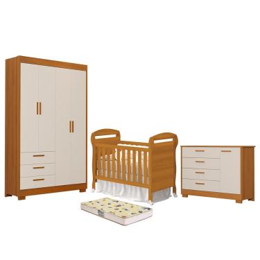 Imagem de Dormitório Infantil Zaki Guarda Roupa, Cômoda e Berço Danny com Colchão Supreme - Reller Móveis Areia Fosco/Savana