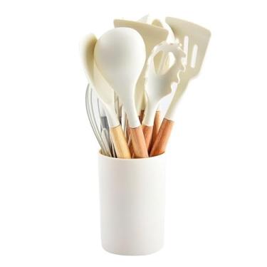 Imagem de Utensílios de cozinha Colher Espátula de silicone Cabo de madeira Decoração livre(26.5CM-branco)