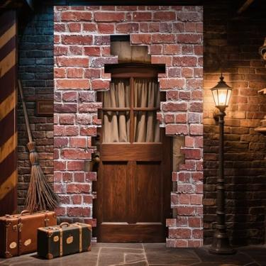 Imagem de Preboun 199.9 cm x 119.9 cm Wizards Door Banner Signs Magical Wizard Door Banner Sign Red Tijolo Wall Backdrop Decorações Halloween pendurado varanda pano de fundo para Halloween aniversário festa