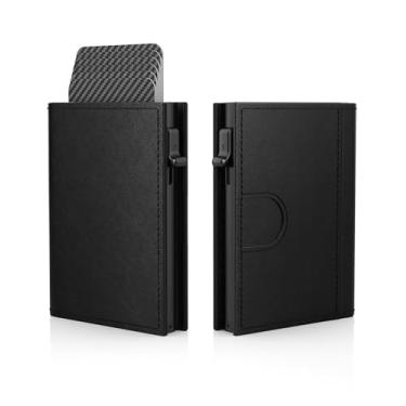Imagem de Carteira masculina - couro minimalista com três dobras, capa para cartão pop-up inteligente com bloqueio de RFID, porta-cartões de crédito de metal fino de 10 a 15 cartões, carteiras pequenas com