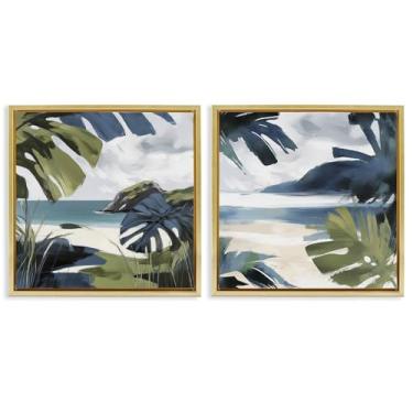 Imagem de Stupell Industries Conjunto de tela flutuante com moldura dourada de 2 peças de cenas de praia Tropical Vibes por Elara Yasna, 63 x 63 cm