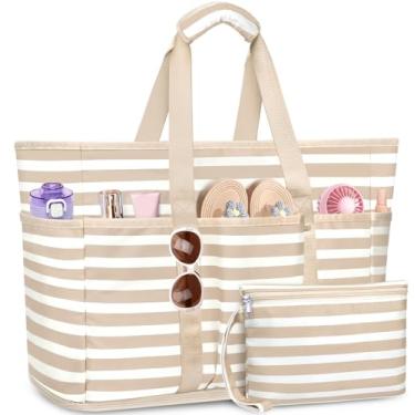 Imagem de TEUEN Bolsa de praia grande com zíper, 12 bolsos, impermeável, à prova de areia, bolsa de praia feminina de malha para viagens de férias, Cáqui Branco, One Size