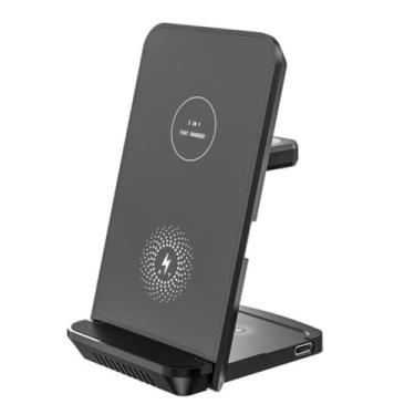 Imagem de Carregador Sem Fio Rápido 3 em 1, 15W, Suporte Vertical para Smartphone, Smartwatch e Fones Bluetooth, Proteção Contra Superaquecimento Carregador Por Indução p/Escritório (Preto)