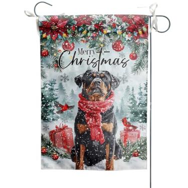 Imagem de Bandeira de jardim Rottweiler 30,5 x 45,7 cm, poinsétia de Natal, fofo, inverno, férias, cão, vertical, dupla face, decorativa, bandeira para quinta, casa, varanda, pátio, decoração