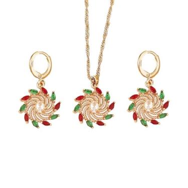 Imagem de Colar com pingente de flor em espiral de cristal e pingente de zircônia cúbica verde vermelho e pingente de Natal conjunto de joias para mulheres banhado a ouro 14K moderno pequeno brinco de argola
