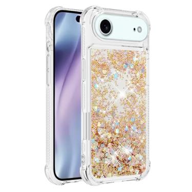 Imagem de Capa de telefone à prova de choque para iPhone Air com glitter líquido de areia movediça e corações flutuantes, capa de TPU de camada dupla reforçada com 4 cantos, protetor de telefone seguro