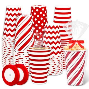 Imagem de Whaline 100 peças de copos de papel de Natal com sacos de celofane fita vermelha branca minimalistas estampa de bolinhas xícaras de café descartáveis para pipoca doce, Natal, aniversário, festa