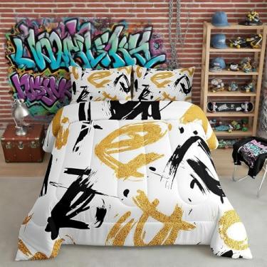 Imagem de Conjunto de edredom infantil hippie de arte abstrata, hippie, hippie, edredom minimalista, branco, preto, amarelo, 2 fronhas