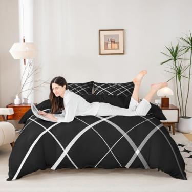 Imagem de Conjunto de capa de edredom tamanho Queen, preto, branco, cinza, quadrado, listrado, 3 peças, capa de colcha moderna abstrata, decoração de quarto de meninos e meninas, 2 fronhas, sem edredom