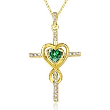 Imagem de CupidGift Colar de cruz para mulheres, banhado a ouro 14 K, pingente de pedra do mês de nascimento, pingente infinito de coração, joias religiosas, batismo cristão, fé, presentes de aniversário para