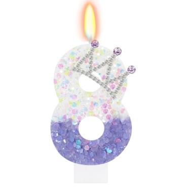 Imagem de ElekFX Vela de aniversário número 8 para bolo, topo de bolo com coroa de glitter rosa e branco, decorações de festa de aniversário de princesa para meninas e mulheres, lembrancinhas de festa de