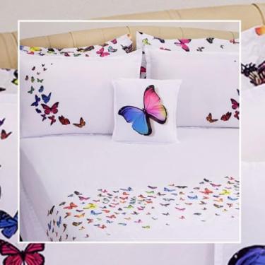 Imagem de Jogo de Lençol Casal Borboleta 4 Peças + Capa de Almofada Decorativa Branco - Jogo de Cama Queen Leve Estampado Natureza Toque Macio