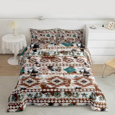 Imagem de Feelyou Jogo de cama queen com estampa de pele de vaca Southwestern, para crianças, meninos, meninas, edredom boêmio, preto, marrom, bege, microfibra, 3 peças com 2 fronhas