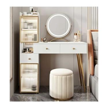 Imagem de Escrivaninha de penteadeira Toucador com conjunto de espelho e cadeira, toucador maquilhagem branca, mesa cabeceira prateleiras vidro, gavetas armazenamento(Médio)