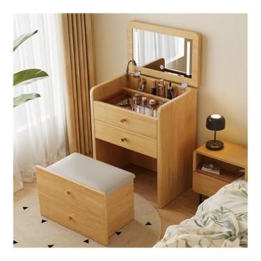 Imagem de Escrivaninha de penteadeira Mesa de penteadeira com espelho flip top, maquiagem banco almofadado, compacta, conjunto para quarto(Natural)