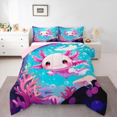 Imagem de Erosebridal Conjunto de edredom com axolote rosa, tamanho solteiro, animal do oceano, para decoração estética de quarto de crianças, meninos, meninas, colcha kawaii, colorido, fofo, para praia