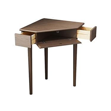 Imagem de Mesa de escritório em casa, mesa de canto de madeira, mesa de estudo robusta para casa com tampo de mesa triangular, mesa de trabalho compacta de carvalho com 2 gavetas pequenas e compartimentos de