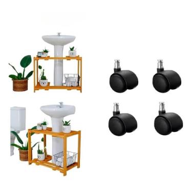 Imagem de Armário de Banheiro para Pia de Coluna, Gabinete com 2 Prateleiras Abertas, Estante de Banheiro com Espaço para Tubulação(Com Rodas)