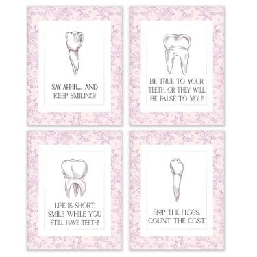 Imagem de BESERH Decoração de parede de escritório odontológico, impressões de arte de parede de dentista floral rosa, pôsteres engraçados de lembrete de saúde bucal para dentista, escritório, clínica, hospital