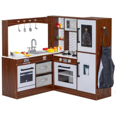 Imagem de Cozinha Infantil Modular em Madeira com Luz, Som, Pia, Micro-Ondas, Forno, Avental e Quadro Negro, BRINJOY, Marrom