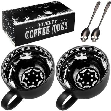 Imagem de Taruzil Presentes de Natal, pacote com 2 canecas de café de caveira da meia-noite com colheres, presentes estranhos de aniversário de Halloween elefante branco para mulheres, homens, meninas, amigas