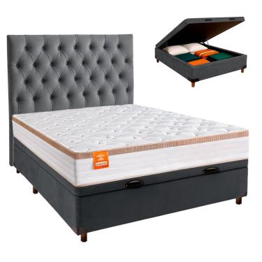 Imagem de Cama Box Bau + Colchão Casal Molas Ensacadas Isis Real Inducol + Cabeceira Estofada