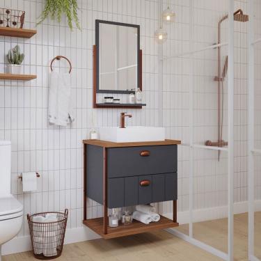 Imagem de Armário de Banheiro Uni 60cm 2 Gavetas C/ Espelheira 100% Mdf Titanium/Freijó - Mgm Móveis