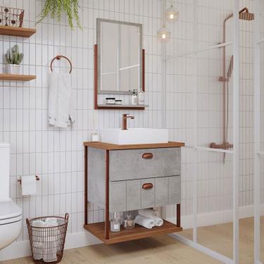 Imagem de Armário de Banheiro Uni 60cm 2 Gavetas C/ Espelheira 100% Mdf Cimento/Freijó - Mgm Móveis