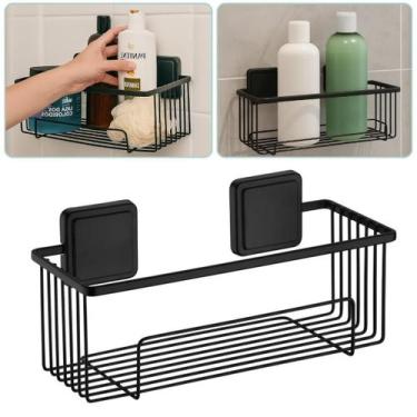 Imagem de Suporte Porta Shampoo Banheiro Cesto Fixação Adesivo 3M Preto Fosco - 