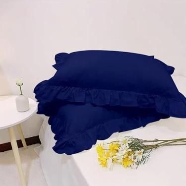 Imagem de 1 fronha retrô francesa com babados - Todas as estações - Roupa de cama amigável para pessoas solteiras, azul escuro