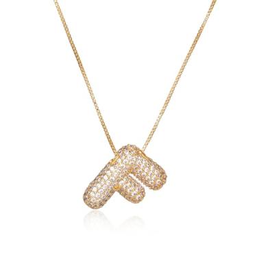 Imagem de Colar feminino, colar com letra de diamante dourado com inicial de zircão, alfabeto, colar de bolhas de cristal, pingente de nome, joia feminina (F), Medium, Cobre banhado a ouro 23K, Sem Pedra