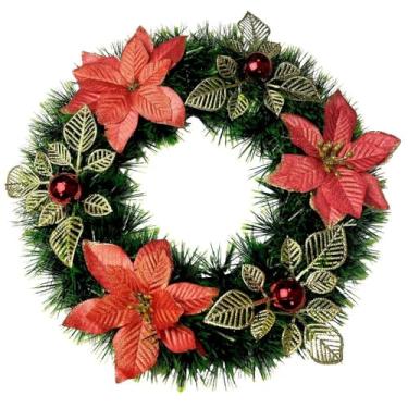 Imagem de Guirlanda Natalina25-40 Cm De Natal Decorativa Para Porta Com Flores Vermelhas Douradas Decoração Natal Decoração Equipado com pequenas bolas(DECORADA RF1014 30CM)