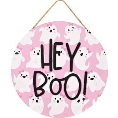 Imagem de Frugtfrit Decoração de porta rosa de Halloween Hey Boo, placa de boas-vindas de madeira fantasma rosa 3D para varanda da frente, guirlanda de Halloween para chá de bebê Little Boo, casa de brinquedo