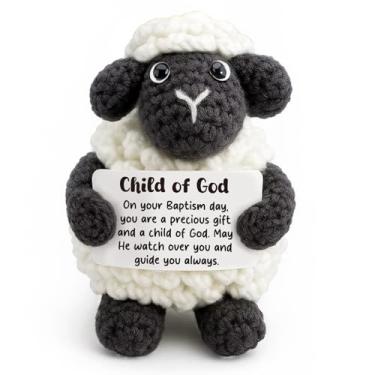 Imagem de Presente de batismo feito à mão de ovelha negra de crochê para meninos ou meninas - Lembrança de batismo sentimental com cartão de bênção do filho de Deus - Decoração religiosa de berçário para