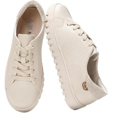 Imagem de Project Cloud Tênis de plataforma feminino – Tênis feminino de couro – Tênis feminino com cadarço – Tênis feminino de espuma viscoelástica – Calçado feminino antiderrapante (corredor), Osso, 35