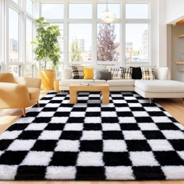 Imagem de Tapetes quadriculados 20 x 25 cm para sala de estar, tapete felpudo grande e macio para quarto, tapetes de pelúcia felpudos antiderrapantes para berçário, meninos, meninas, quarto de crianças