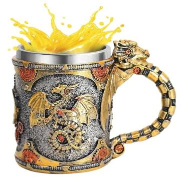 Imagem de Caneca de café Medieval Dragons - Decorações de dragão de aço inoxidável de 400 ml - Decoração de casa para festa de cerveja, Halloween, acampamento, uísque, família, amigos, prateleira