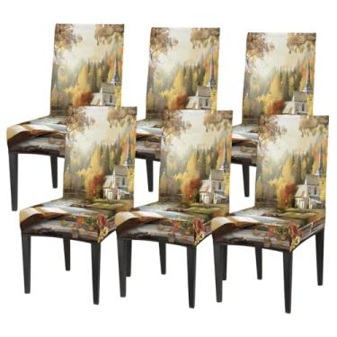 Imagem de hongjinglin Conjunto de 6 capas elásticas para cadeira de sala de jantar, capa protetora de assento de cadeira, retrô, janela, removível, lavável, para cozinha, casa, hotel, banquete, festa de