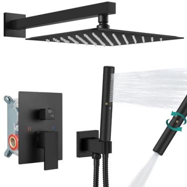 Imagem de Aolemi Sistema de chuveiro com chuveiro de chuva e suporte de parede portátil, conjunto de torneira de chuveiro de alta pressão com válvula áspera 2 em 1, chuveiro de 25 cm, preto fosco